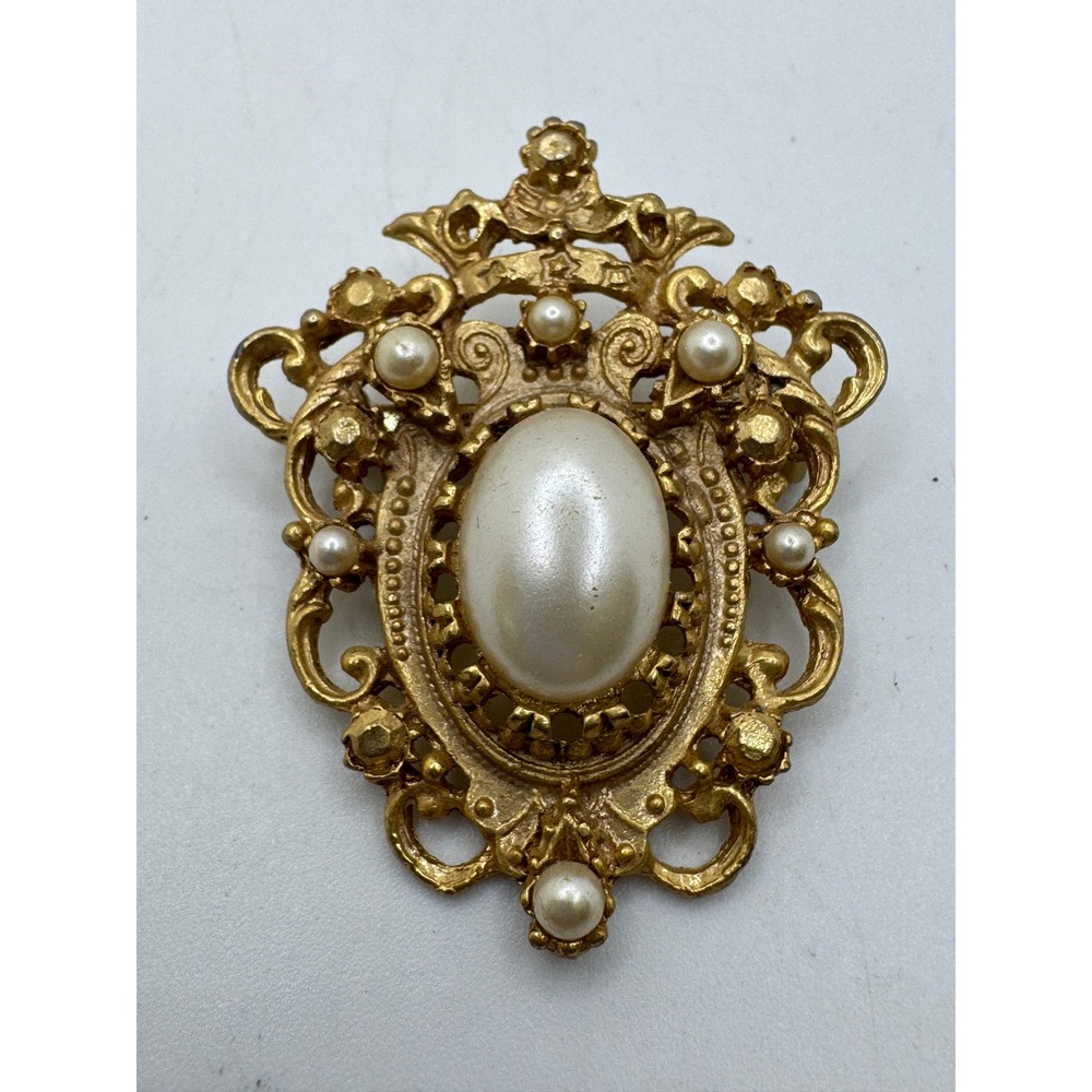 Vintage Gold Tone Faux Pearl Crest Brooch Ornate Filigree Victorian Revival Pin